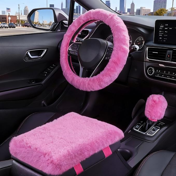 Furry Car Steering Wheel Cover with Fluffy Gear Shift Cover and Center Console Cover, Soft Warm Plush Non-Slip, 14 1/2-15 inch, for Women Girls 3 PCS Set, Pink
