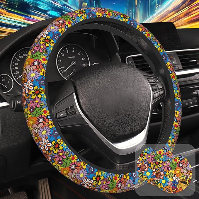 Bright Hippie Flower Steering Wheel Cover for Women, Anti-Slip Car Steering Wheel Cover with 2 Pcs Cup Holders Neoprene Breathable Car Accessories Universal 15 Inch Auto Interior Decor