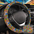 Bright Hippie Flower Steering Wheel Cover for Women, Anti-Slip Car Steering Wheel Cover with 2 Pcs Cup Holders Neoprene Breathable Car Accessories Universal 15 Inch Auto Interior Decor