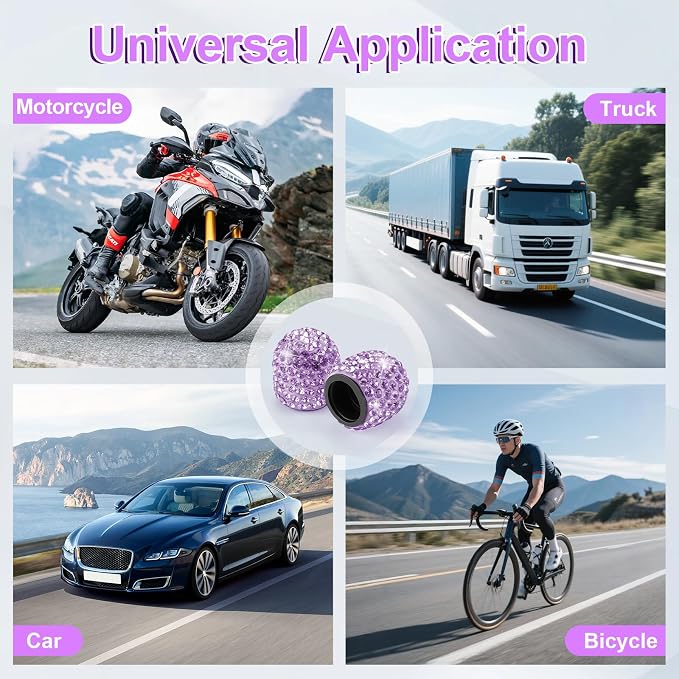 4 Pack Handmade Crystal Rhinestone Car Tire Valve Stem Caps, Car Wheel Tire Valve, Attractive Dustproof Bling Car Accessories, Universal for Cars, Trucks and Motorcycles-Purple