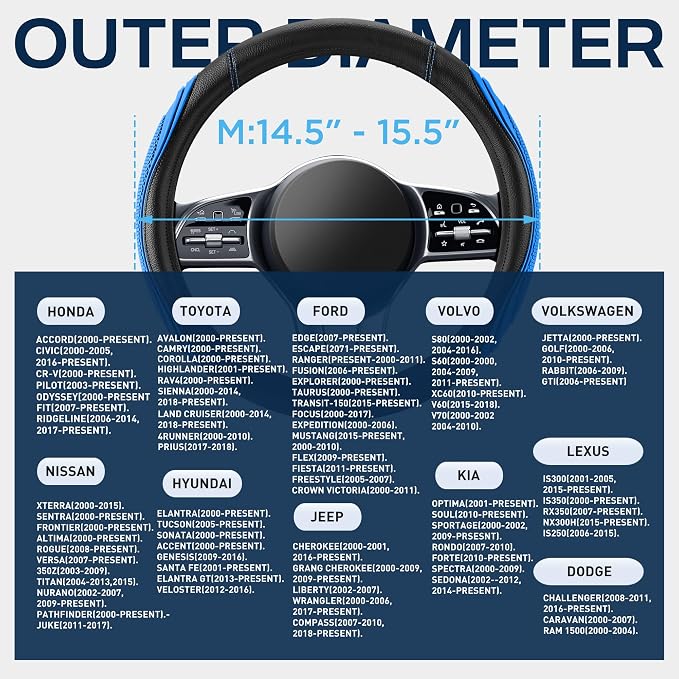 Car Steering Wheel Cover - Microfiber Leather Steering Wheel Wrap Sports 14.5-15 Inch Steering Wheel Cover Non-Slip for Men Women Blue Color