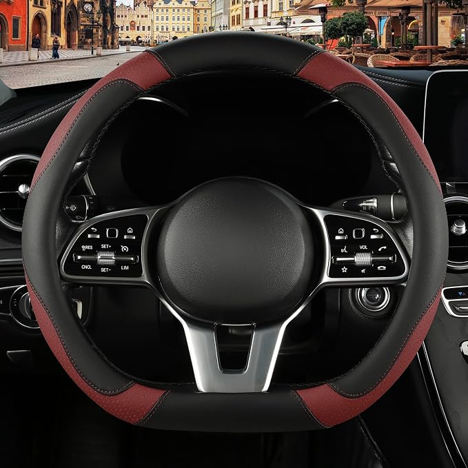 Black Burgundy Microfiber Leather D Shaped Steering Wheel Cover | Breathable Anti Slip Grip Cool Sporty Look Glow for Women Men
