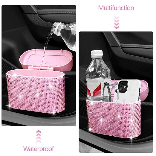 Bling Pink Car Trash Can with Lid - 2 Pack, Mini Auto Garbage Can with 60 Trash Bags, Automotive Garbage Container Bin, Bling Car Accessories Trash Can for Women (Pink Diamond)