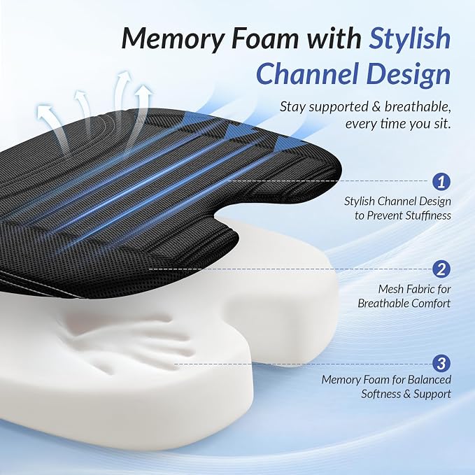 Wedge Car Seat Cushion for Tailbone Pain Relief & Better Visibility | Ergonomic Memory Foam Seat Cushion for Car with Breathable Channel Design, Fits Car, SUV, Truck, Non-Slip Mesh Cover