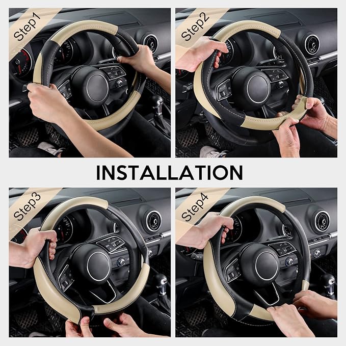 Car Steering Wheel Cover for Medium Standard Size Steering Wheels with 14 1/2-15 inches Outer Diameter, Black and Beige Microfiber Leather