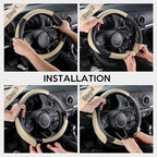 Car Steering Wheel Cover for Medium Standard Size Steering Wheels with 14 1/2-15 inches Outer Diameter, Black and Beige Microfiber Leather