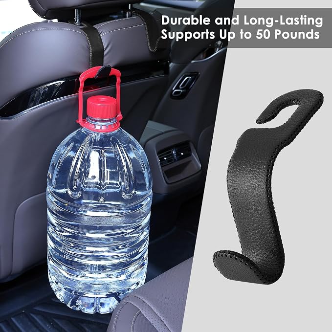 Leather Car Seat Hooks - U-Shaped Purse Holder for Car, Fully Leather-Wrapped Headrest Hooks for Purses, Bags & Coats, Durable Seat Back Organizer for Travel & Daily Use (Black, 2 Pack)