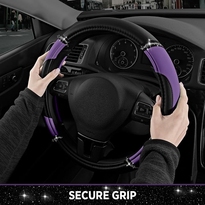 Leather Steering Wheel Cover - Made with PVC Leather - Anti-Slip, Universal Fit 14 1/2 inches to 15 1/2 inches - Purple