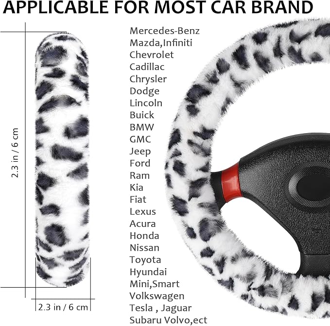 Fuzzy Car Steering Wheel Cover, Universal Fit Fur Auto Wheel Cover & Handbrake Cover & Gear Shift Cover Set, Leopard Winter Warm Fluffy Vehicle Wheel Protector Car Accessories for Men Women