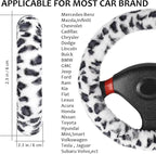 Fuzzy Car Steering Wheel Cover, Universal Fit Fur Auto Wheel Cover & Handbrake Cover & Gear Shift Cover Set, Leopard Winter Warm Fluffy Vehicle Wheel Protector Car Accessories for Men Women