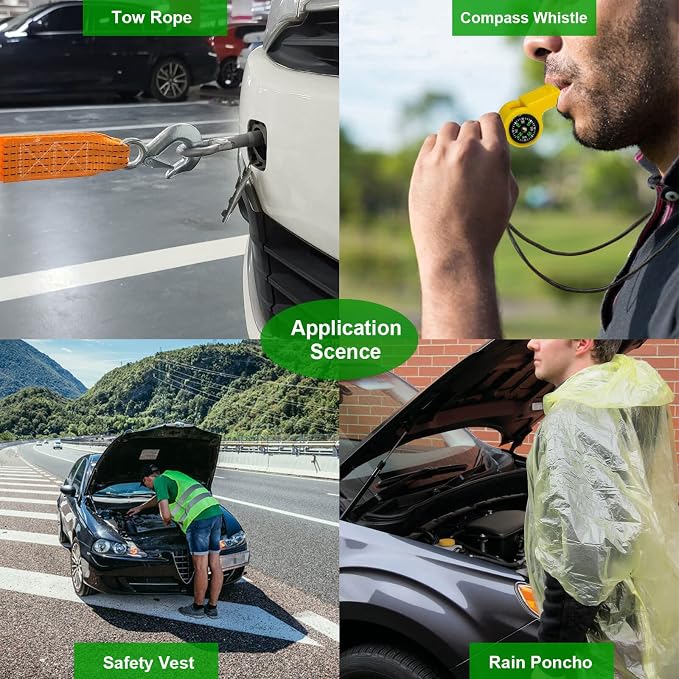 Auto Emergency Kit, 55-Piece Car Emergency Roadside Kit with Jumper Cables, First Aid Kit, Safety Hammer, Goggles, Tow Ropes and More Ideal Car Essential Accessories for Women and Men