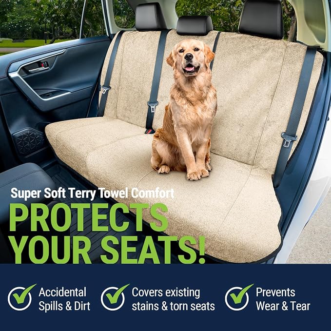 Back Seat Towel Seat Cover for Cars; Great for After Gym Workouts, Dogs, and Outdoor Activities; Universal Fit for Cars SUVs Vans Trucks Rear Seats, EZ fit, Non Slip Grip, Tan