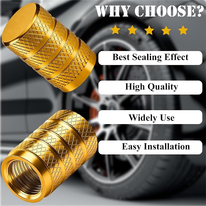 12PCS Tire Valve Stem Caps, Dust Proof, Anodized Aluminum Universal Tire Valve Stem Covers for Cars, SUV, Trucks, Bikes, Motorcycles, Bicycles(Gold)