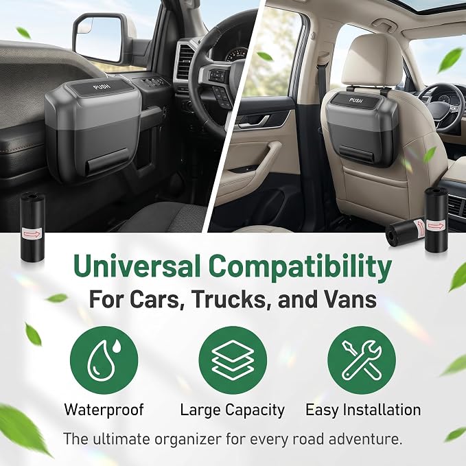Car Trash Can with Lid, Waterproof Push-Open Garbage Box with 30 Trash Bags, Portable Hanging Door Side Storage Bucket, Large Capacity Organizer for Most Cars Trucks Vans (Black)