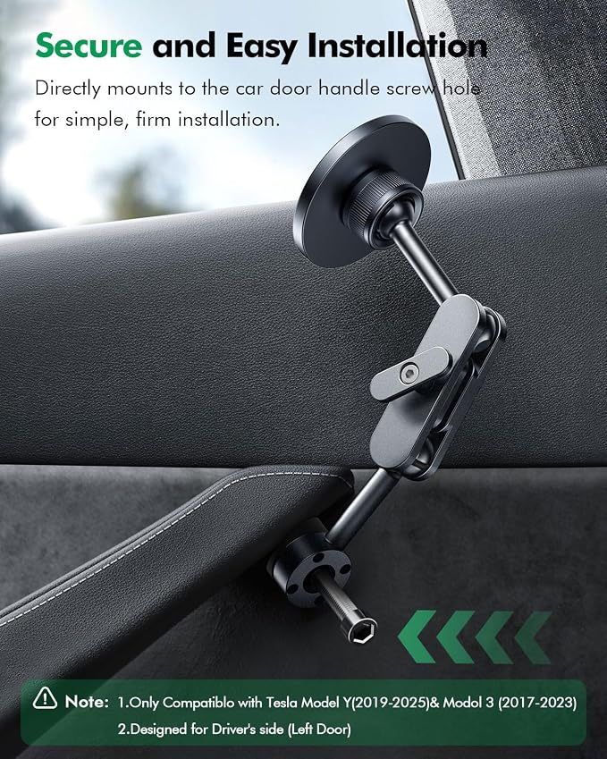 for Tesla Phone Mount,for Mag-Safe Door-Install Phone Holder, Compatible with Model Y (2026-2019) & Model 3 (2023-2017), Magnetic Car Phone Mount for iPhone 17/16/15/14/13/12, Tesla Accessories