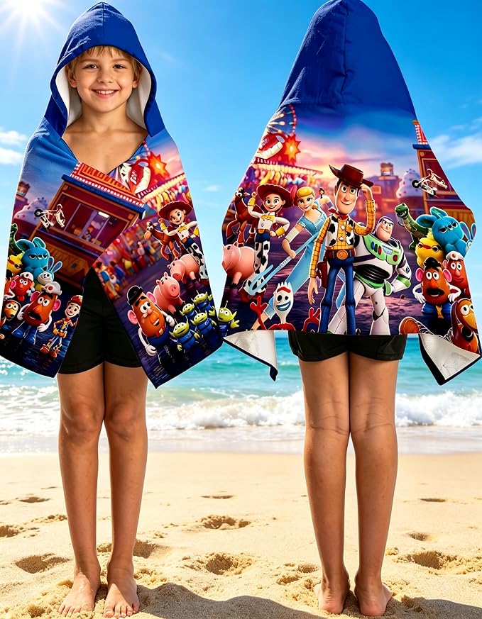Story Printed Soft Cotton Terry Hooded Towel Wrap, Absorbent Wearable Hooded Towel for Bath Pool Beach, 28 in x 55 in