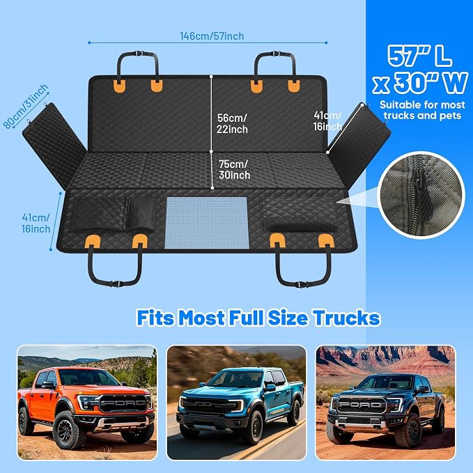 Truck Dog Seat Cover for Back Seat, Hard Bottom Waterproof Truck Back Seat Extender for Multi Dogs,Dog Hammock for Crew Cab Trucks,Pet Seat Cover for Back Seat Holds 400lbs with Mesh Window & Pocket