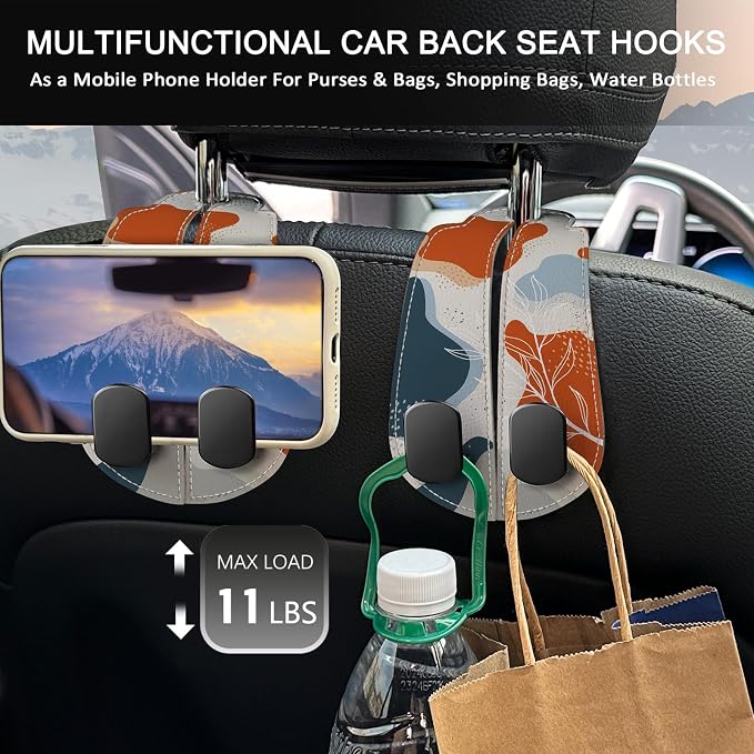 2PCS Car Seat Back Storage Headrest Hooks, Abstract Leaves Purse Holder Bags Hanger, PU Leather Double Metal Hook for Backseat Organizer, Women Car Accessories Organization