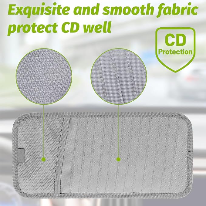 Car CD & DVD Holder - Large Capacity CD Visor Case, Vehicle Visor Storage Organizer with 12 Disc Sleeves, 1 Mesh Pocket 1 Pen Holder and & Elastic Band (Grey)
