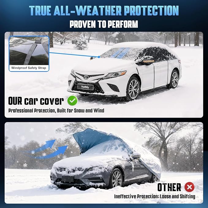 Half Car Cover Top for Sedan/Coupe/Cabrio, Windshield Cover for Ice and Snow, Roof Car Cover Waterproof All Weather with Reflective Strips and Side Elastic Hooks. H3 (Up to 139 inch)