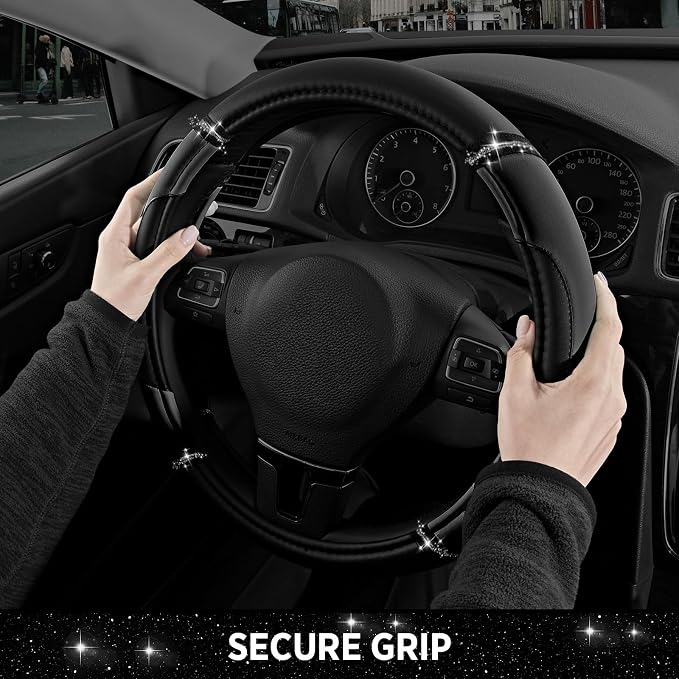 Leather Steering Wheel Cover - Made with PVC Leather - Anti-Slip, Universal Fit 14 1/2 inches to 15 inches - Black