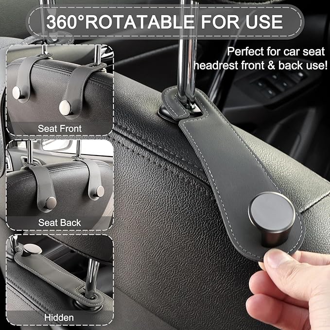 Car Headrest Hooks, 2 Pack Leather Car Seat Storage Hanger for Purses Bags, Stylish Car Seat Organizer Hooks for Handbag Coat Umbrellas, Car Inside Accessories, Gray