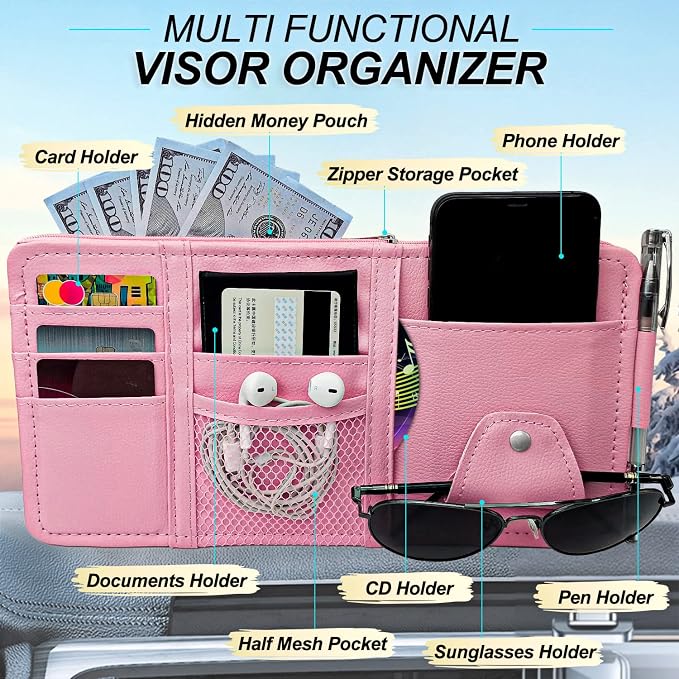 Car Sun Visor Organizer, Truck Visor Organizer Car Sun Storage Pocket Pouch Case Bag for Sunglasses, Cards, Pens and Document - Pink