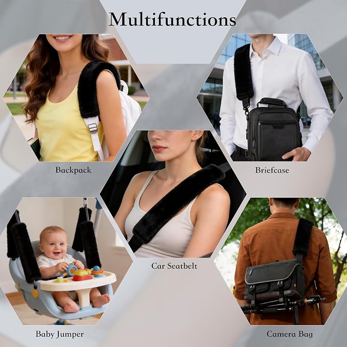 Soft Faux Fur Universal Fit Seatbelt Cover Car Truck SUV Airplane Seat Belt Shoulder Pad for Carmera Backpack Straps Neck Cushion Protector Extra Long 15.7in Black