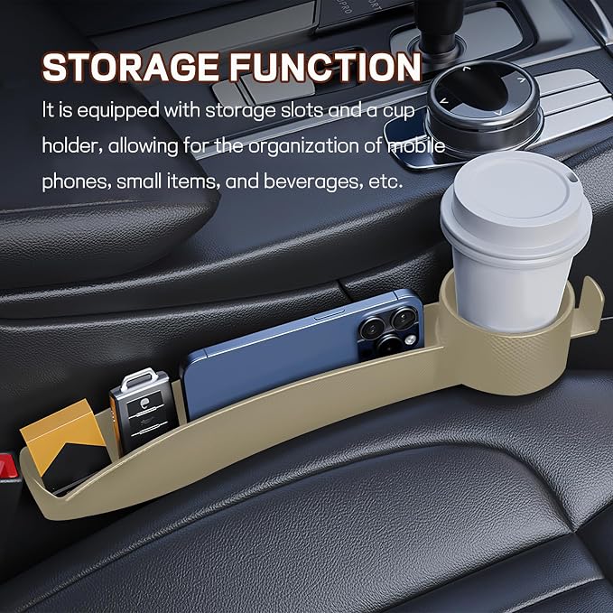 2PCS Car Seat Gap Filler Organizer, Multifunctional Vehicle Seat Side Gap Filler with Organizer & Cup Holder, Automotive Seats Crevice Stopper Gaps Plug, Universal Car Accessories (Beige)