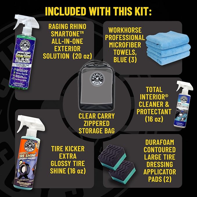 Quick Detailing Kit With Storage Bag, Raging Rhino SmartOne Exterior Spray, Interior Cleaner, Tire Shine, Microfiber Towels, And Applicators Giftable Car Care Set
