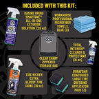 Quick Detailing Kit With Storage Bag, Raging Rhino SmartOne Exterior Spray, Interior Cleaner, Tire Shine, Microfiber Towels, And Applicators Giftable Car Care Set