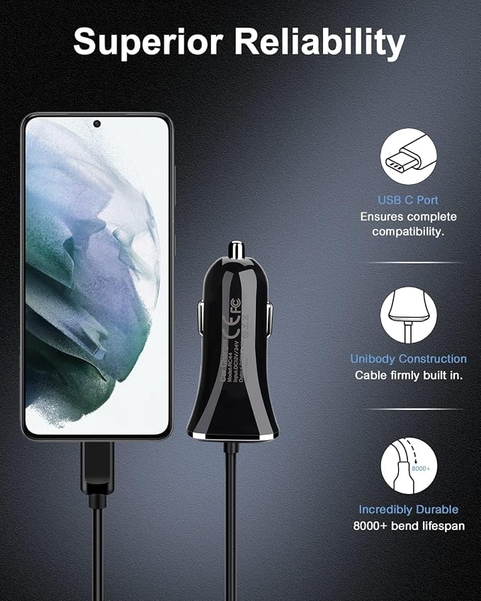 USB-C Car Charger, 3.4A USB Type C Car Charger Adapter & Fast Charge Cable | C Cord Cargador USBC Lighter for Samsung Galaxy S26 S25 S24 S23 S22 A17 iPhone 17e 17 16e 16 15 Pro Max Android Cigarette 12V