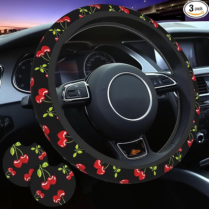 Cherry Hearts Red 3-Pc Car Set :Steering Wheel Cover + 2 Pc Car Coasters | neoprene Non-Slip Breathable Elasticity Universal for 14-15 Inch Car for Men Women