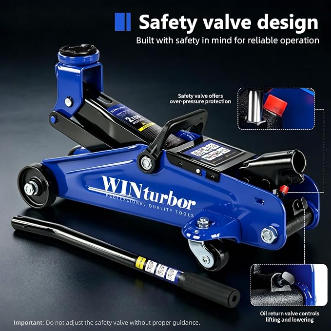 2 Ton Low Profile Floor Jack, 4000 lbs, with 2 Pads & Bag – Blue | Steel floor jack, 5.3"-13" lift. Overload valve. Smooth casters. For garage, workshop & auto.