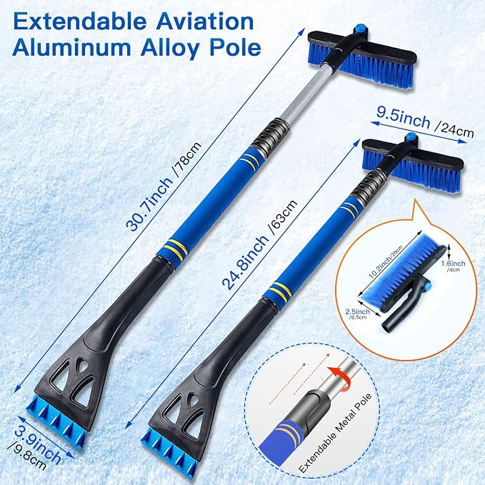 Ice Scrapers for Car Windshield, Upgraded 31 Inch Snow Scraper and Brush Combo Extendable 360° Pivoting Ice Snow Removal Tool for Car, Truck, SUV, Christmas(Blue)