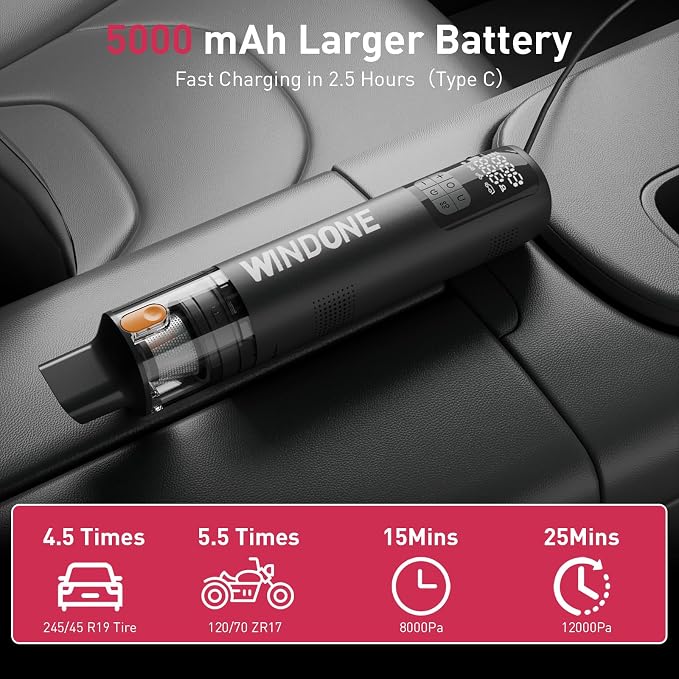 Portable Tire Inflator & Mini Vacuum, 150 PSI Cordless Air Compressor with Deflate Function, LED Display, Auto Shut-Off, Rechargeable Air Pump for Car, Bike, Motorcycle, Balls & Inflatables