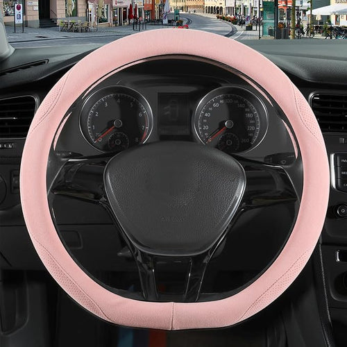14 inch Pink Suede D Shaped Steering Wheel Cover, Breathable Non-Slip Sweat-Proof Wear-Resistant No Pilling, Warm in Winter and Cool in Summer