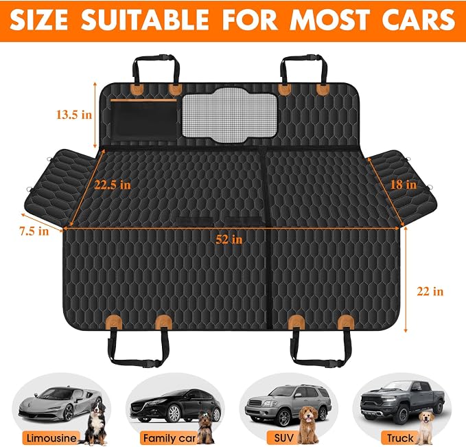 Waterproof Dog Car Seat Cover for Back Seat, Pet Hammock- S, Black/Orange | Durable waterproof hammock with nonslip design & storage pockets. Protects seats from scratches, fits cars, SUVs & trucks.