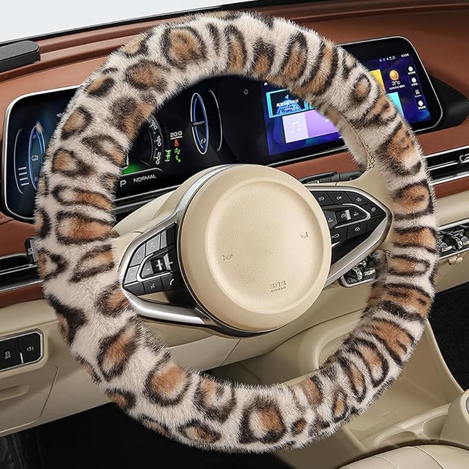Fluffy Cheetah Car Steering Wheel Cover Luxurious Faux Fur Leopard Print Cute Wheel Protector Universal 15 Inch Fit for Vehicle, Car, Auto, SUV Winter Warm (Beige)