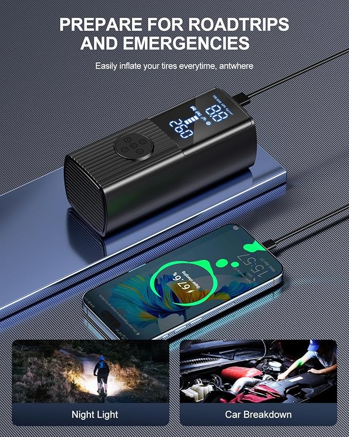 Tire Inflator Portable Air Compressor, 180PSI Cordless Air Pump with Digital Gauge, LED Light, 3X Faster Air Compressor for Cars, Motorcycles, Bicycles, Balls