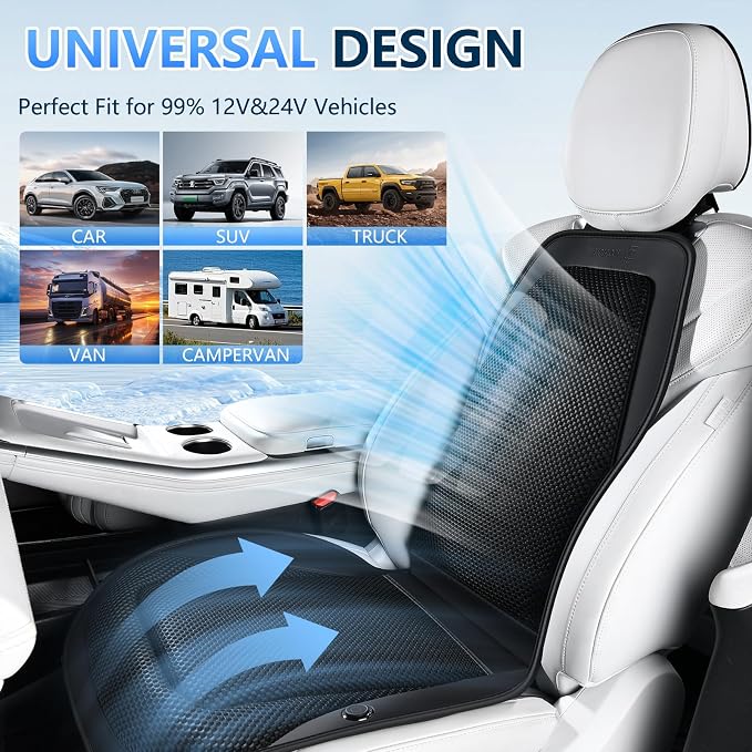 Upgraded Cooling Car Seat Cover Front Seat with Blowing&Suction, 12V-24V Ventilated Car Seat Cushion with 8 Turbo Fans, 3-Speed Adjustable Universal Fit Breathable Car Cushion for Summer Driving-Black
