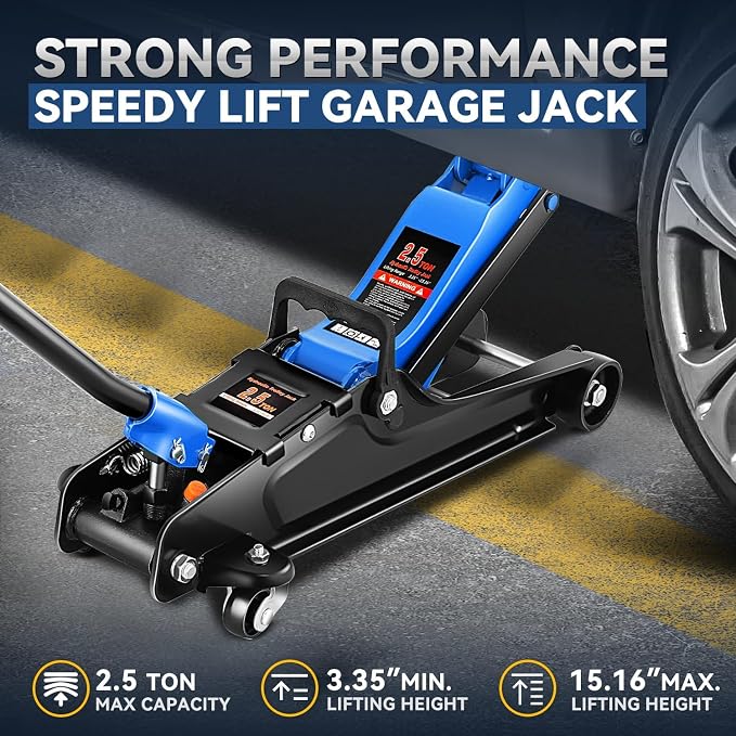 2.5 Ton Low Profile Floor Jack, Heavy Duty Steel Hydraulic Car Jack with Single Pistons Quick Lift Pump, Hydraulic Racing Floor Jack, Lifting Range 3.35" to 15", Blue