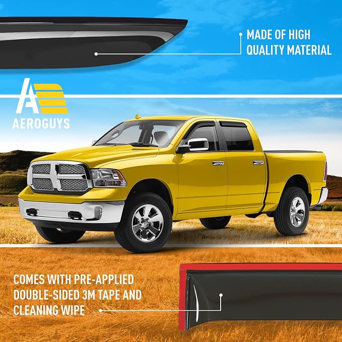Extra Durable Window Deflectors Tape-On Window Visors Rain Guards Fit for Dodge Ram 1500 2009-2018 Crew Cab, Sun Visors, Wind Vent for Shades, Exterior Car Accessories - 4pcs. AG0028