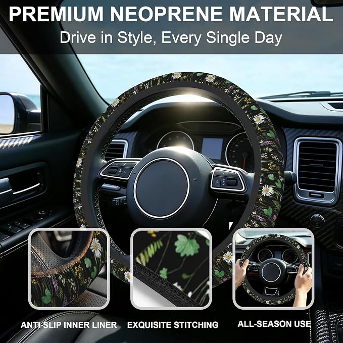 Floral Steering Wheel Cover with 2 Car Coasters,Watercolor Wildflower Anti-Slip Steering Wheel Cover,Elastic Breathable Car Interior Accessories,Universal 14.5"-15" Fit Auto,SUVs