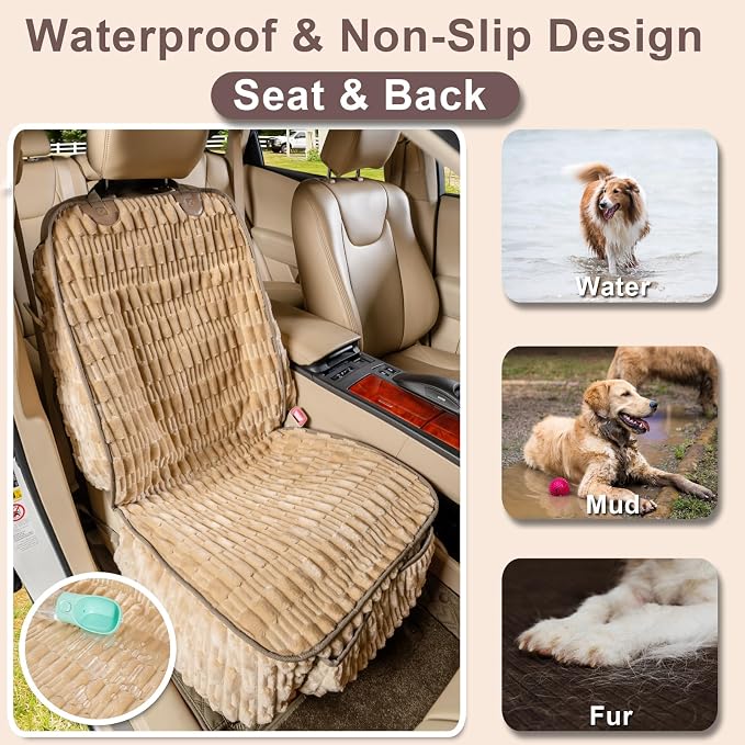 Dog Car Seat Cover for Front Seat, Soft Plush Waterproof Pet Protector with Non-Slip Bottom, Full Coverage with Side Flaps, Against Hair, Dirt and Scratches for SUVs and Trucks (Tan, Front)