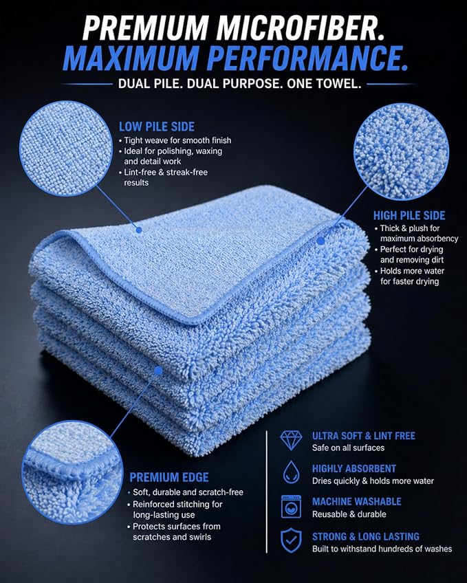 Premium Microfiber Towel for Cars 12 Pack, 400GSM, Quick-Dry, Scratch-Free, High and Low Pile Surface, Gray, Yellow, Blue,16 x 16 Inches, for Car Detailing and Household Use