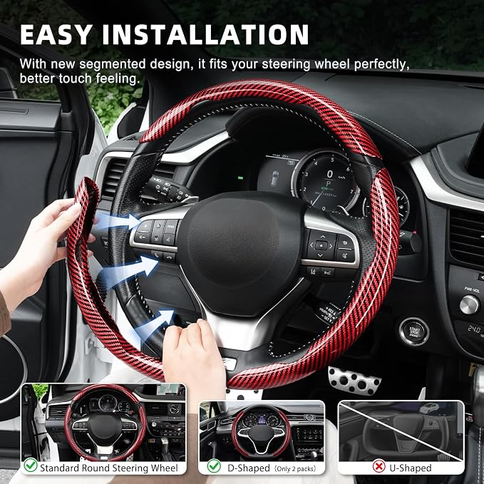 3pcs Carbon Fiber Anti-Skid Steering Wheel Cover, Waterproof Design, Universal Fit for 14-16 Inch Car Wheel Cover, Interior Car Accessories for Jeeps, SUVs, Trucks (Glossy Red)