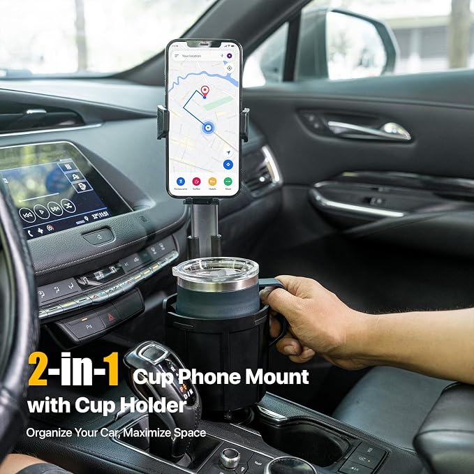 Car Phone Mount with Cup Holder Expander - Upgraded Anti-Shake 2-in-1 Cup Phone Holder for SUVS Trucks with Adjustable Aluminium Alloy Long Neck, fit for iPhone Samsung Galaxy (Black)