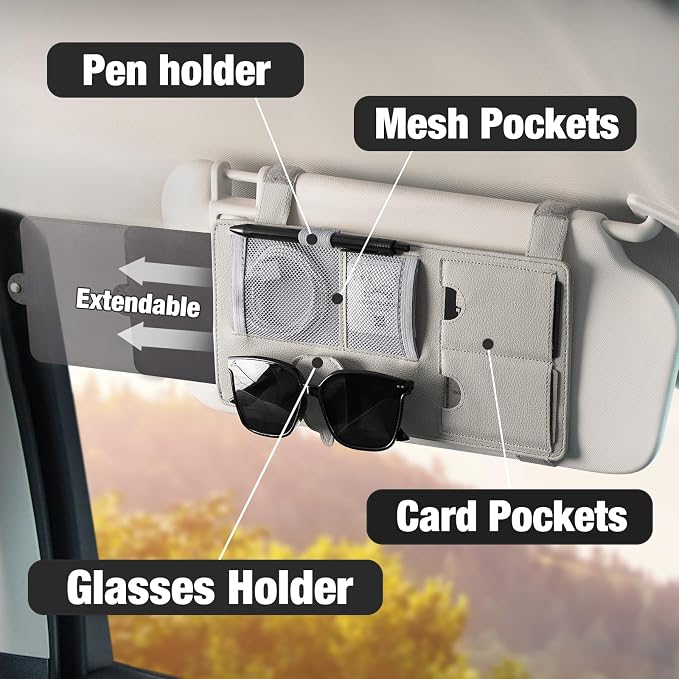 Sun Visor Extender for Car, Sun Blocker with Magnetic Sunglass Holder Hanger Clip, Ticket Card Organization Pouches, Side Sunshade Visor Organizer Accessories, Gray