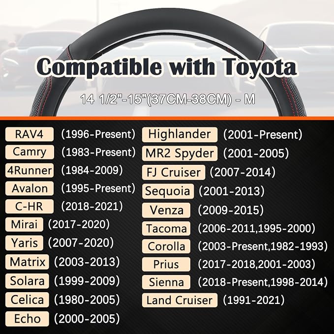 Car Steering Wheel Cover for Toyota RAV4,Camry,Highlander,Corolla,Prius,Tacoma,Standard Size - Black+Red Line